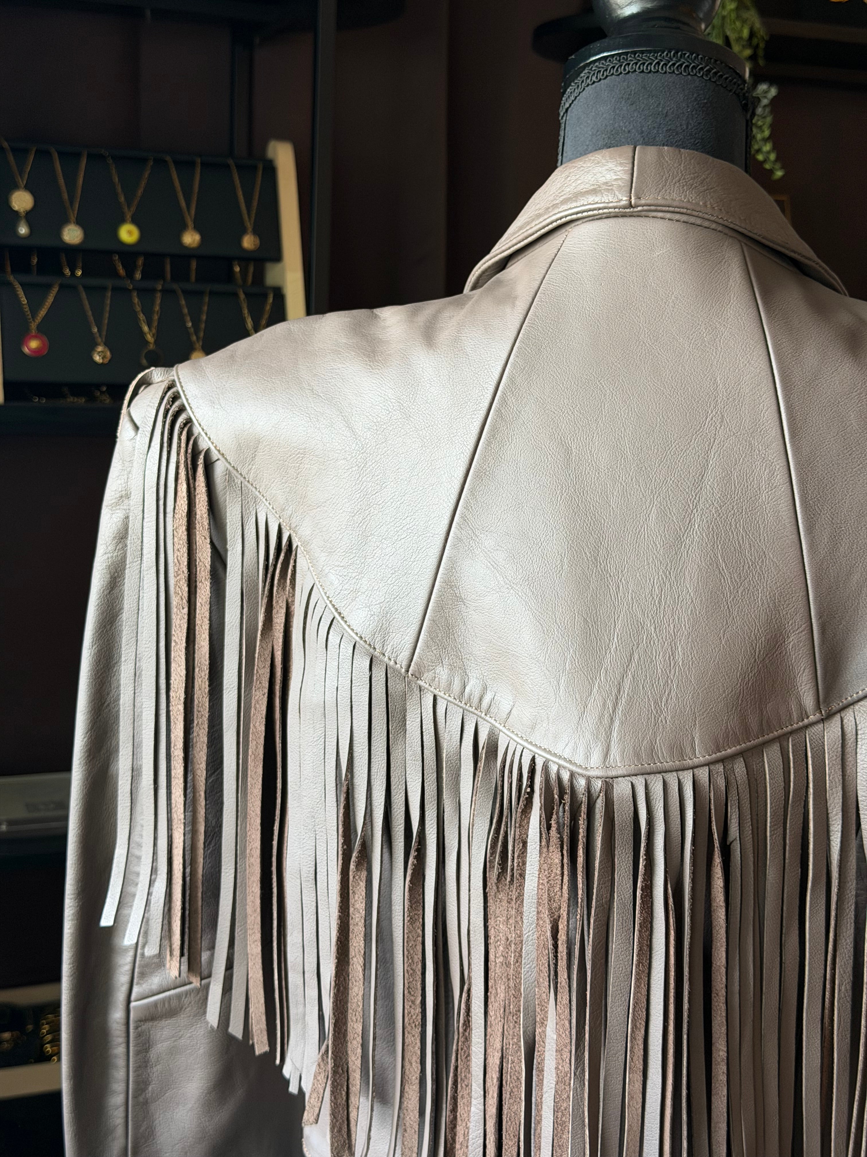 Mauve Fringe Leather Jacket