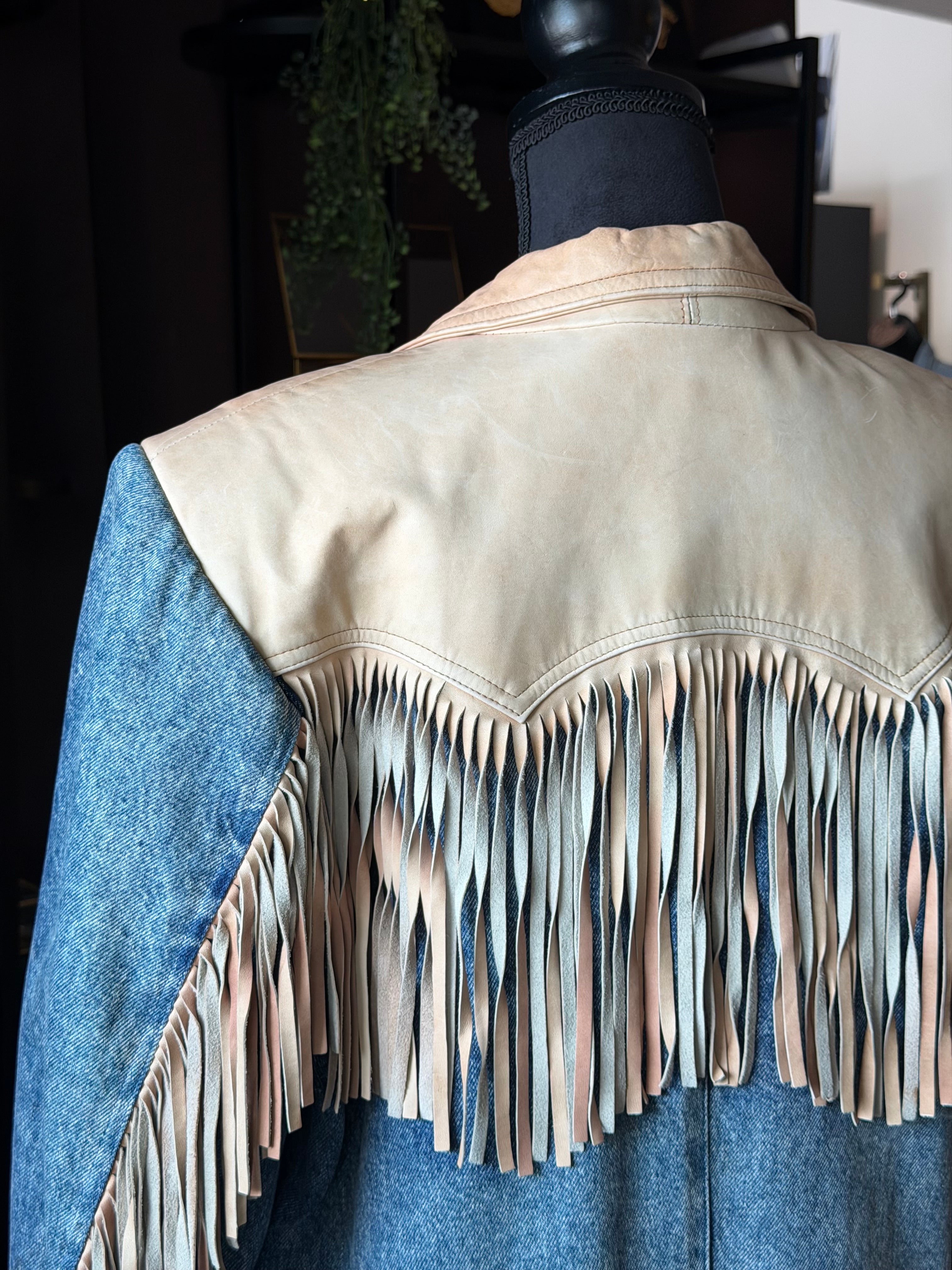 Vintage Denim Taupe Leather Fringe Jacket