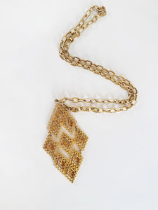 Vintage Goldtone Diamond Filagree Pendant Necklace