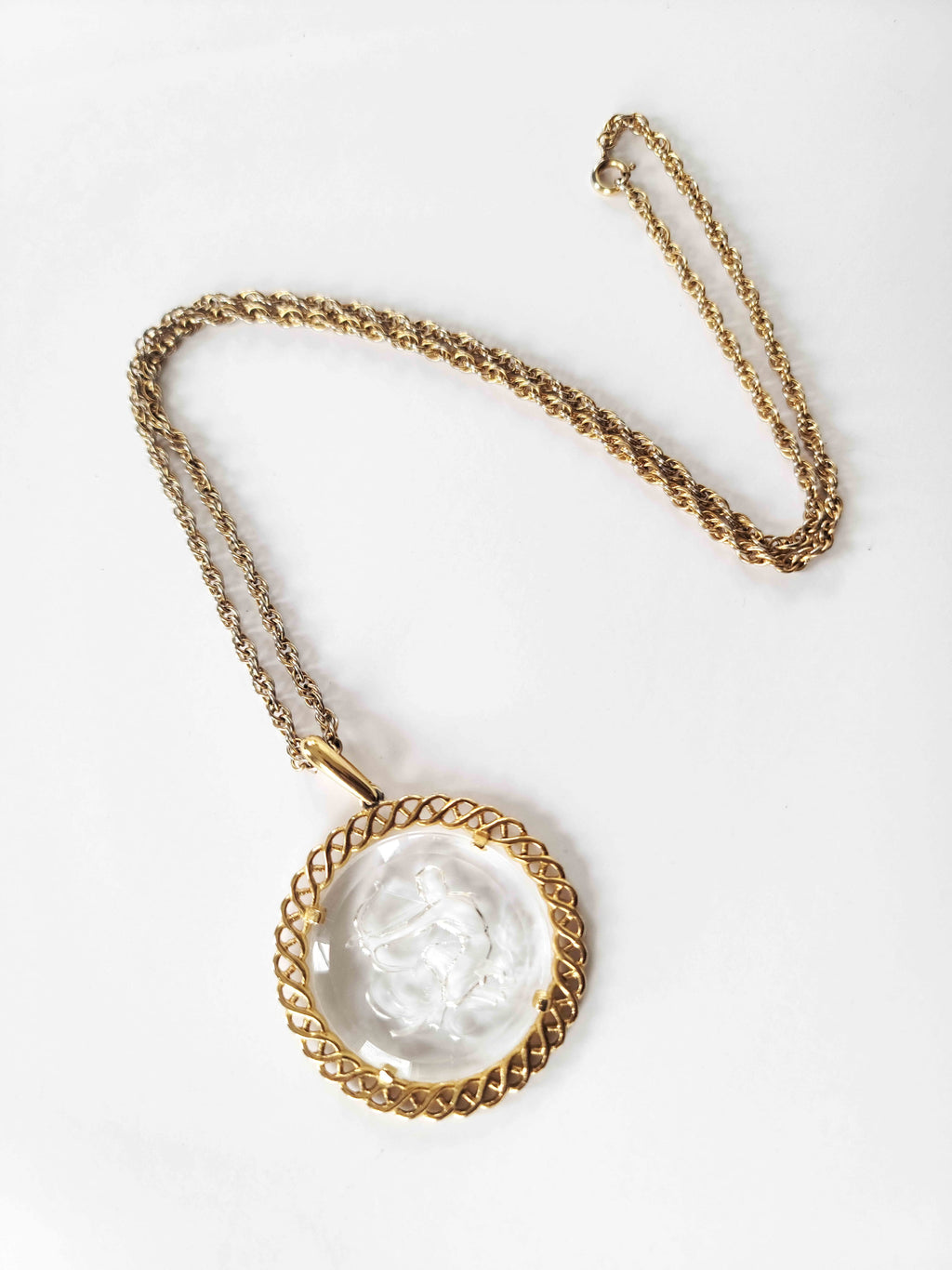 60's Gold-tone Glass Intaglio Sagittarius Pendant Necklace