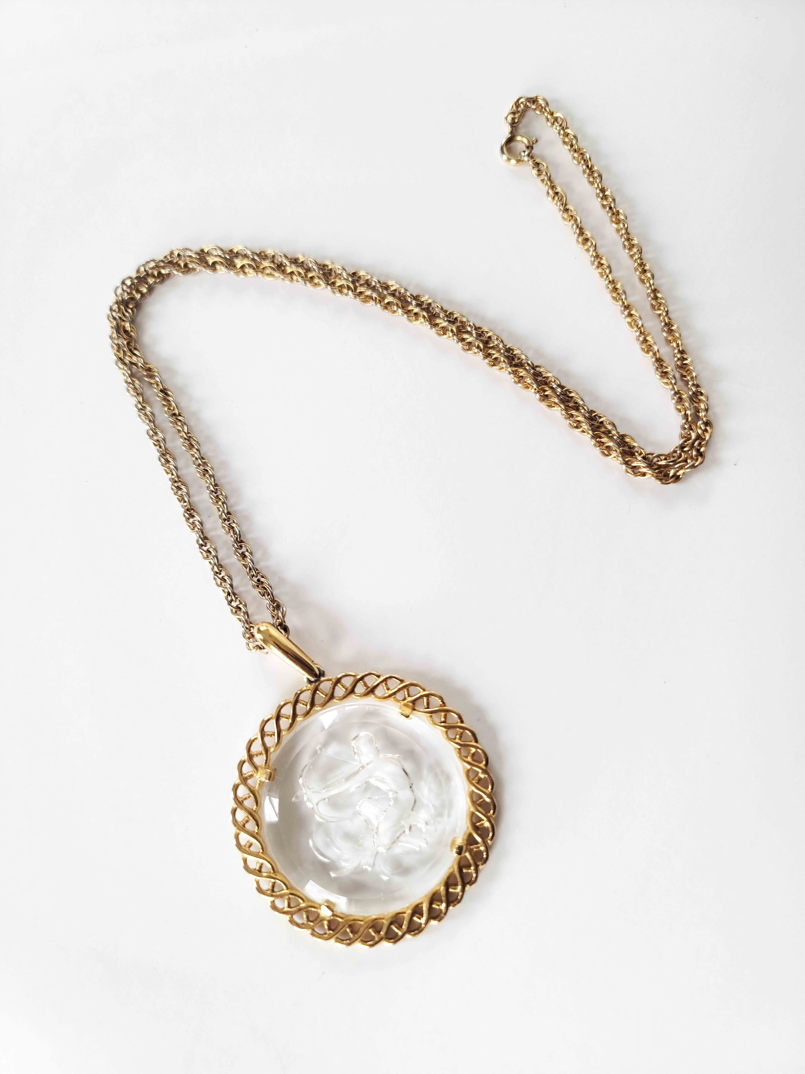 60's Gold-tone Glass Intaglio Sagittarius Pendant Necklace