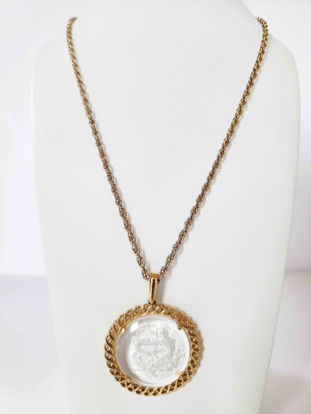 60's Gold-tone Glass Intaglio Sagittarius Pendant Necklace