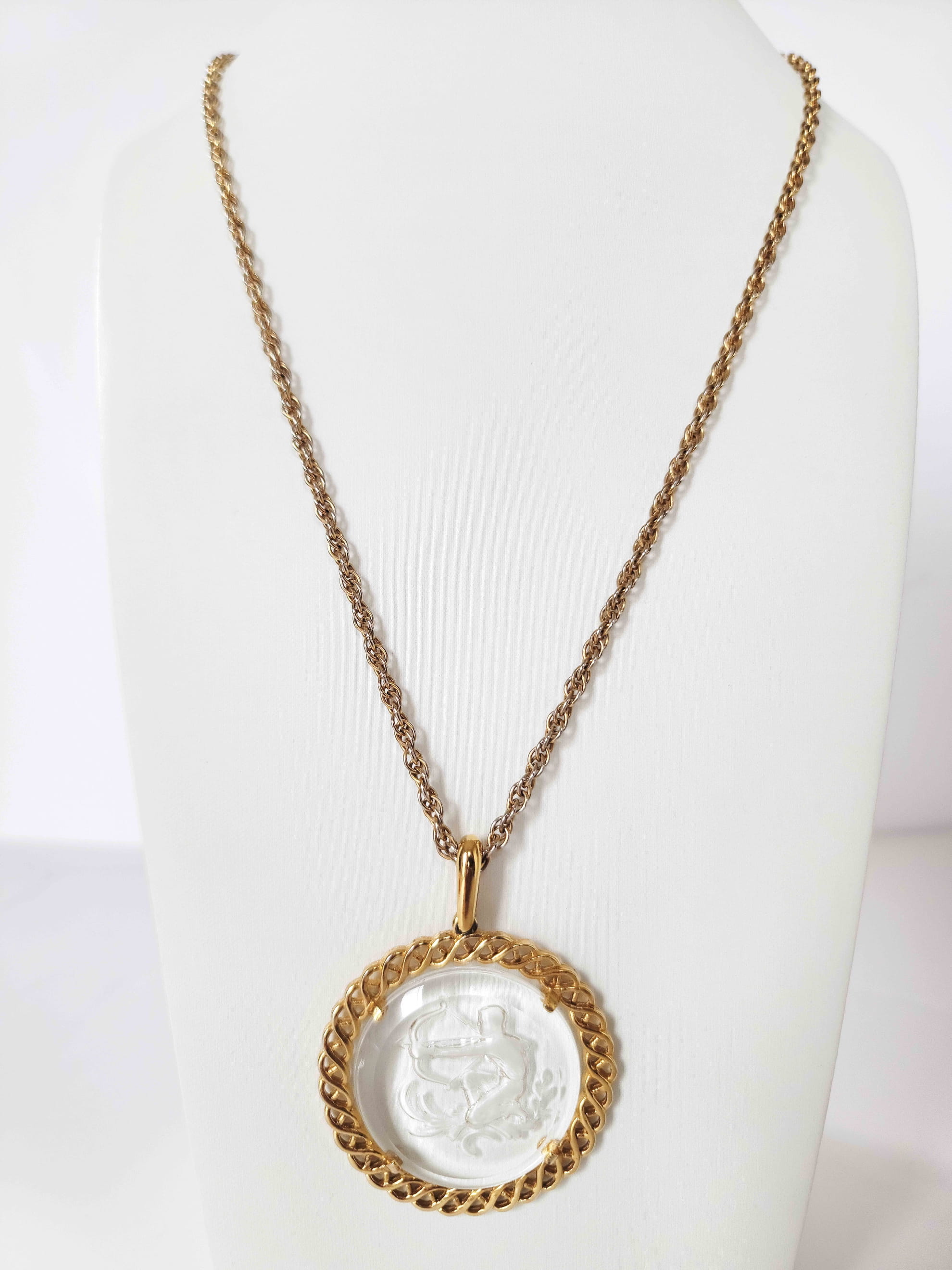 60's Gold-tone Glass Intaglio Sagittarius Pendant Necklace