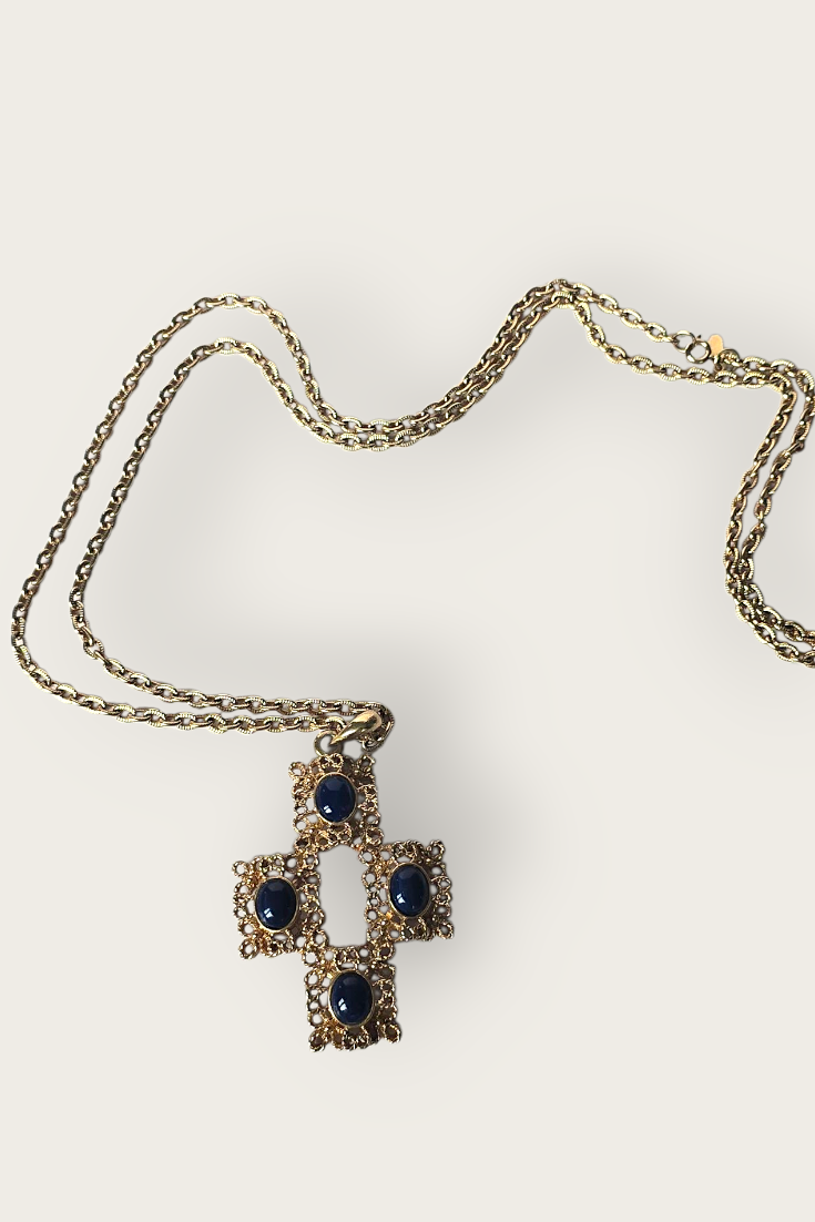 Vintage 70s Long Filagree Cross Pendant Necklace