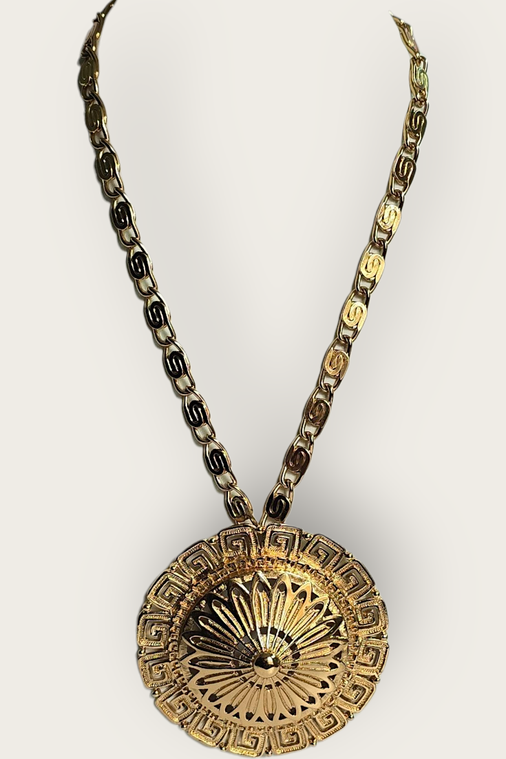 Vintage Monet 70s Chunky Greek Key Medallion Necklace