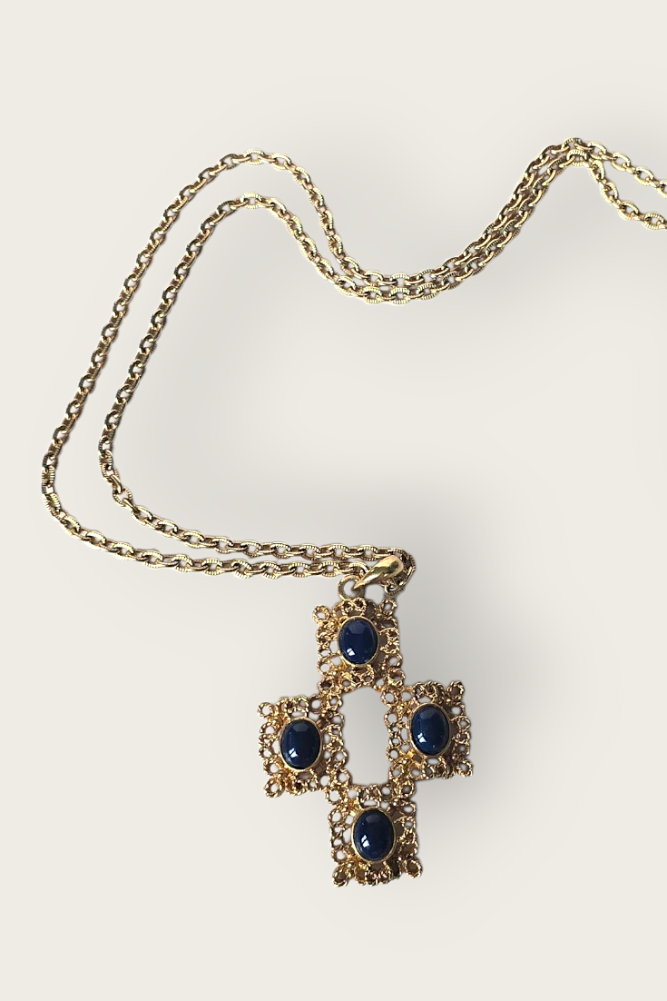 Vintage 70s Long Filagree Cross Pendant Necklace