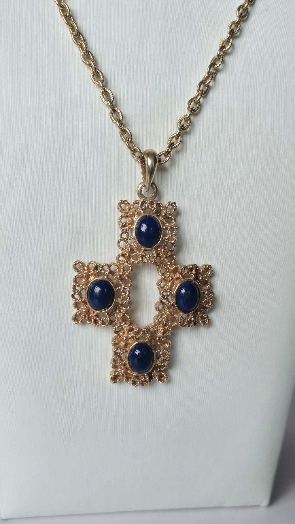 Vintage 70s Long Filagree Cross Pendant Necklace