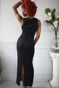 90's Black Beaded Silk Evening Dress