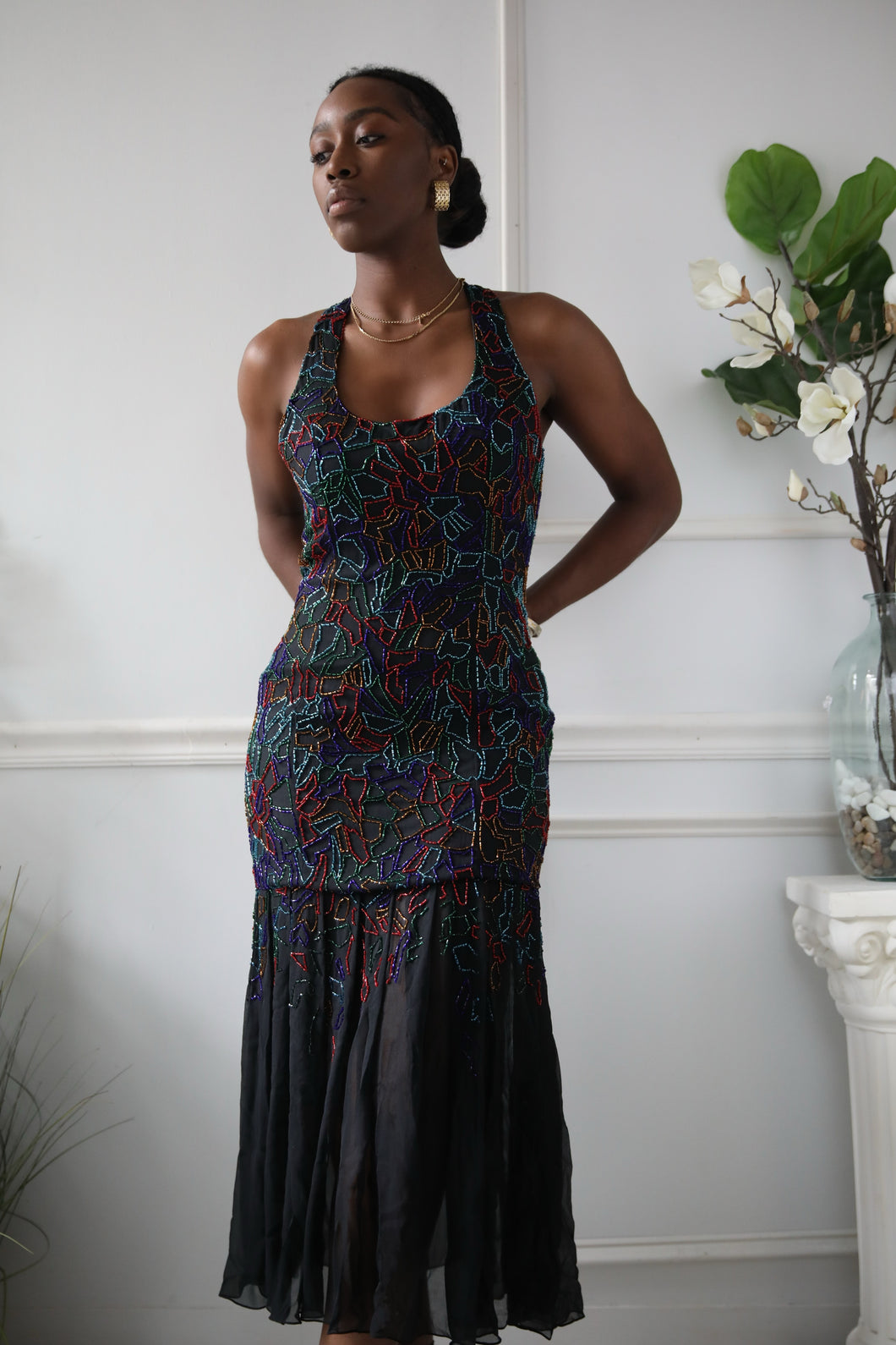 80's Beaded Silk Multicolored Evening Dress